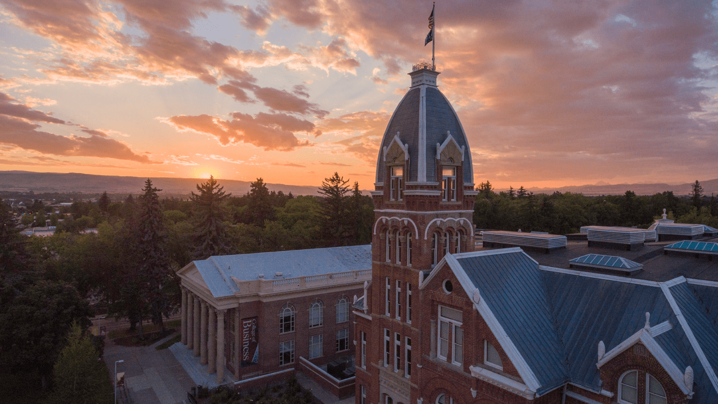 Aerial shot of Barge hall, cloudy skies, sun setting behind mountains in the distance, lush green trees surrounding the building