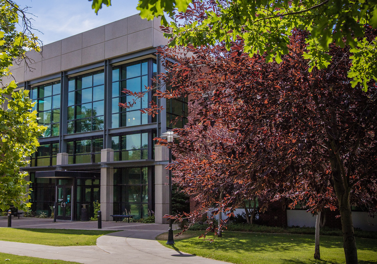 Blossoming trees in front of the Yakima branch campus.