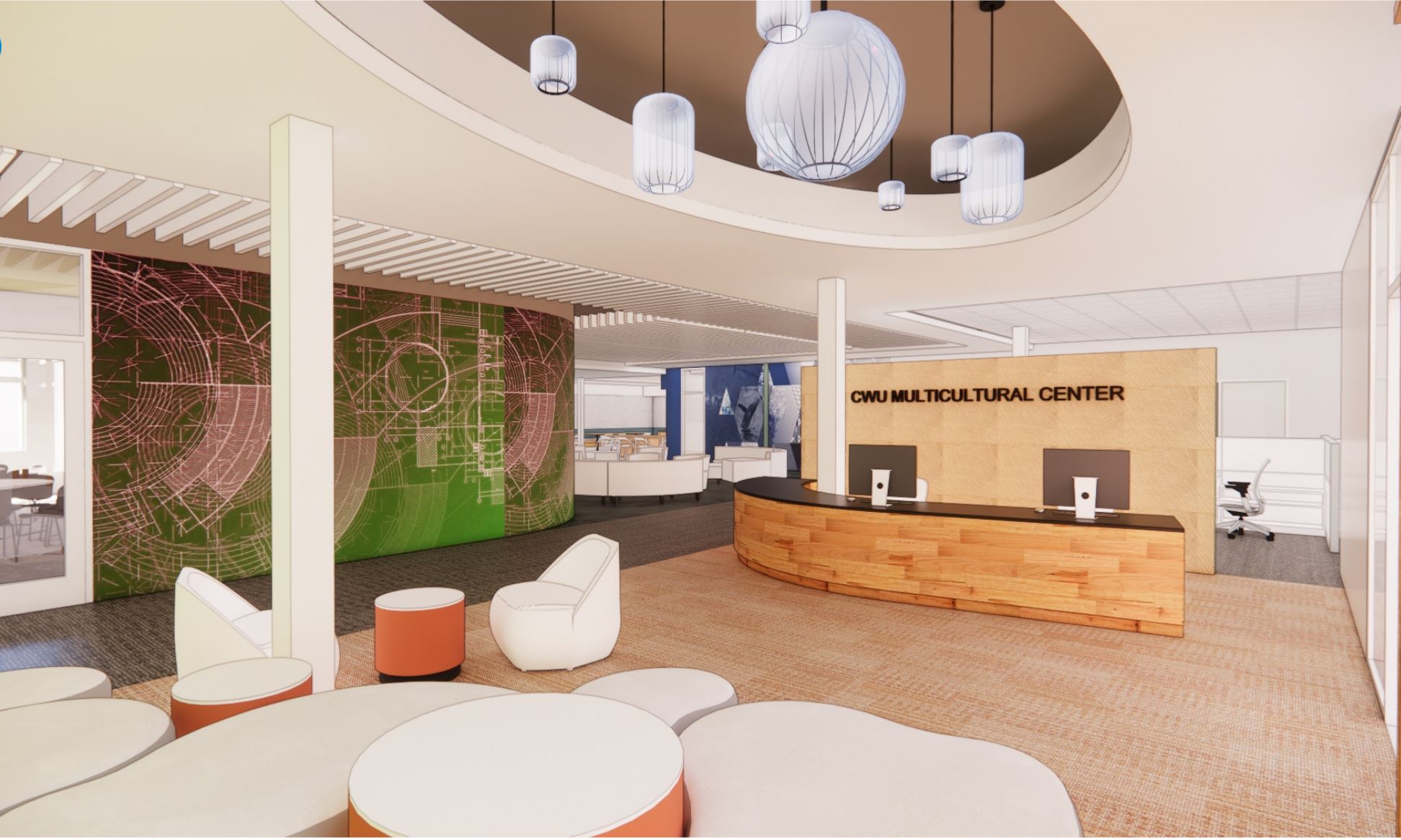 Digital rendering of Black Hall Multicultural Center Reception Area