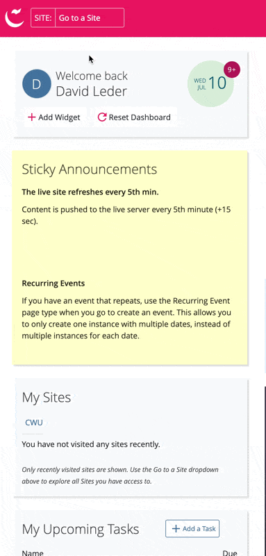 Animation showing how to select your website in Cascade.