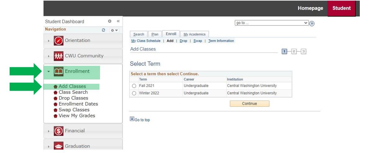 MyCWU webpage with instructional arrows pointing at the Enrollment tab, and add class section.