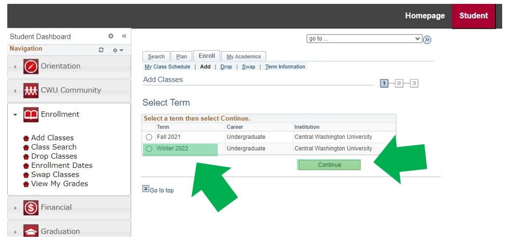 MyCWU webpage with instructional arrows pointing at example term and the continue button.