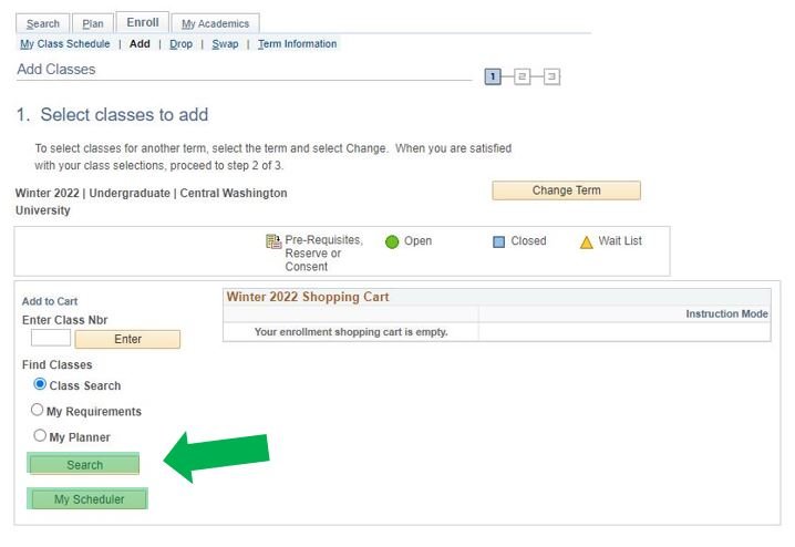 MyCWU webpage with instructional arrows pointing at the MyScheduler tab.