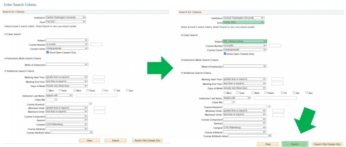 MyCWU webpage with instructional arrows pointing at add class section.
