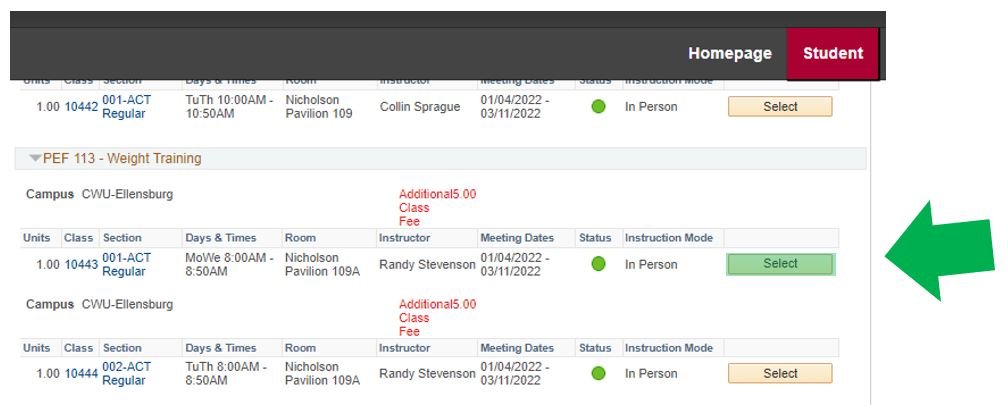 MyCWU webpage with instructional arrows pointing at the example class' selection button.