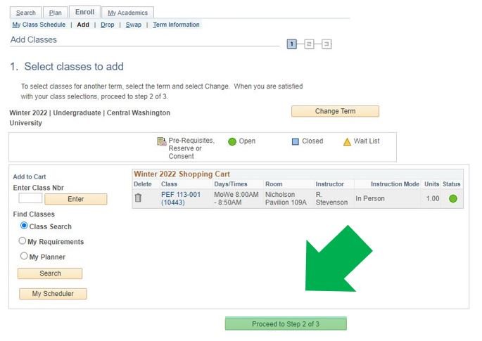 MyCWU webpage with instructional arrows pointing at the 'Proceed to Step 2 of 3' button.
