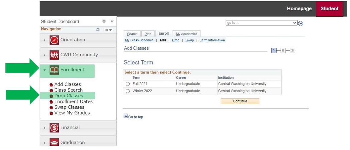 MyCWU webpage with instructional arrows pointing at the Enrollment tab, and drop class section.