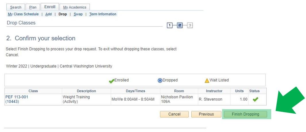 hoMyCWU webpage with instructional arrows pointing at the finish dropping section.