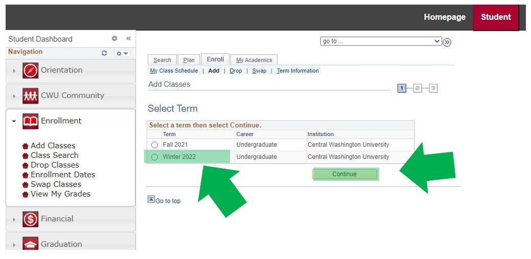 MyCWU webpage with instructional arrows pointing at the example academic term and continue button.