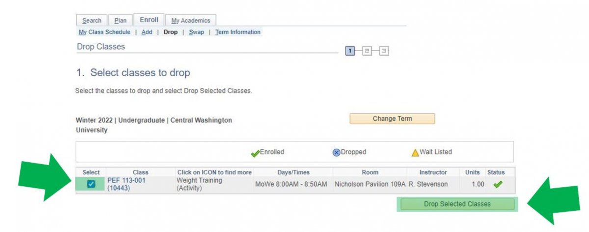 MyCWU webpage with instructional arrows pointing at the drop selected class section.
