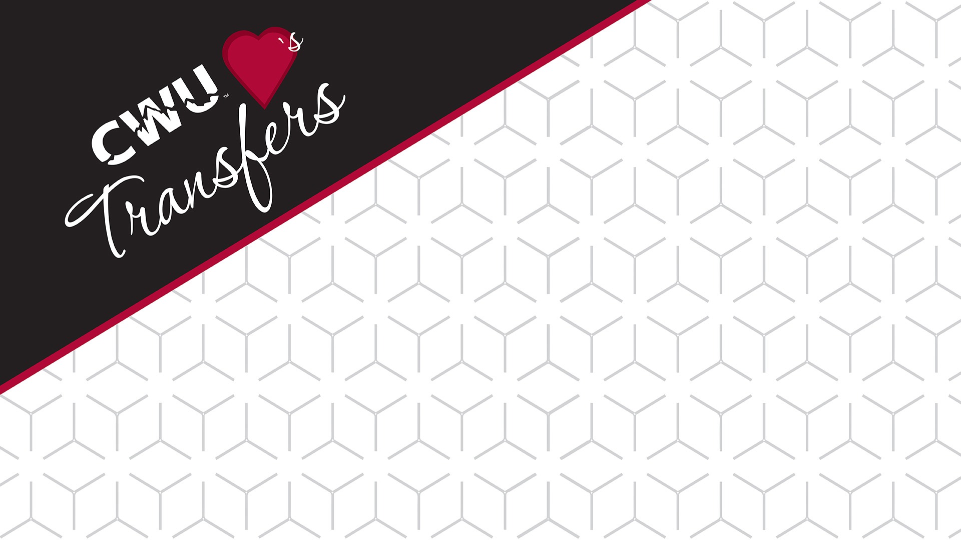 A white patterned background of grey squares with a triangular label saying "CWU loves transfers" in the top left corner.