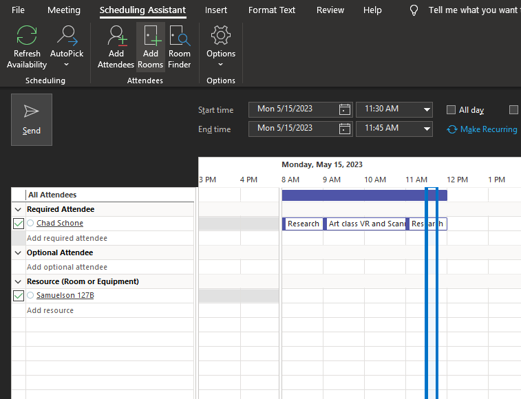 A calendar screen that is the "Scheduling Assistant" tab open. We see an event for Monday that lasts until 12 PM.