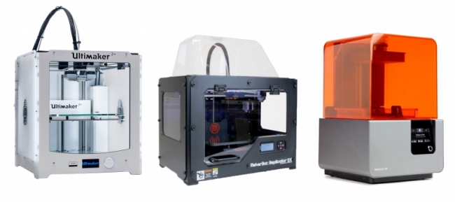 Three different pieces of machinery that are used for 3D printing. 