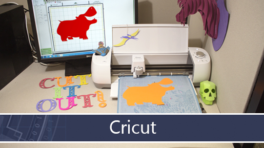 An image of a cricut with its design on the computer, the printed out paper design, and paper letters that spell out "CUT IT OUT!"