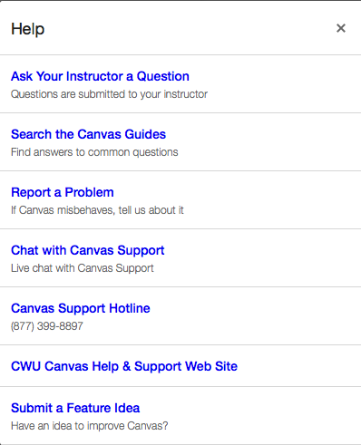 The Help menu after pressing the Help button. Under the title "Help" is displayed multiple options such as "Ask your Instructor a Question".