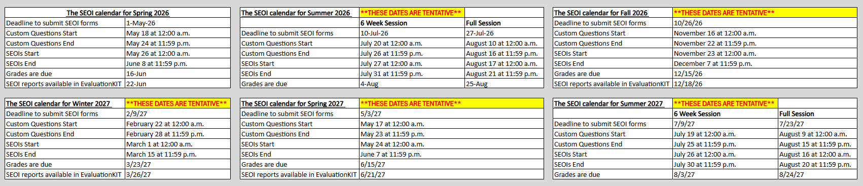 SEOI Dates for Spring, Summer, and Fall of 2026 and Winter, Spring, and Summer of 2027