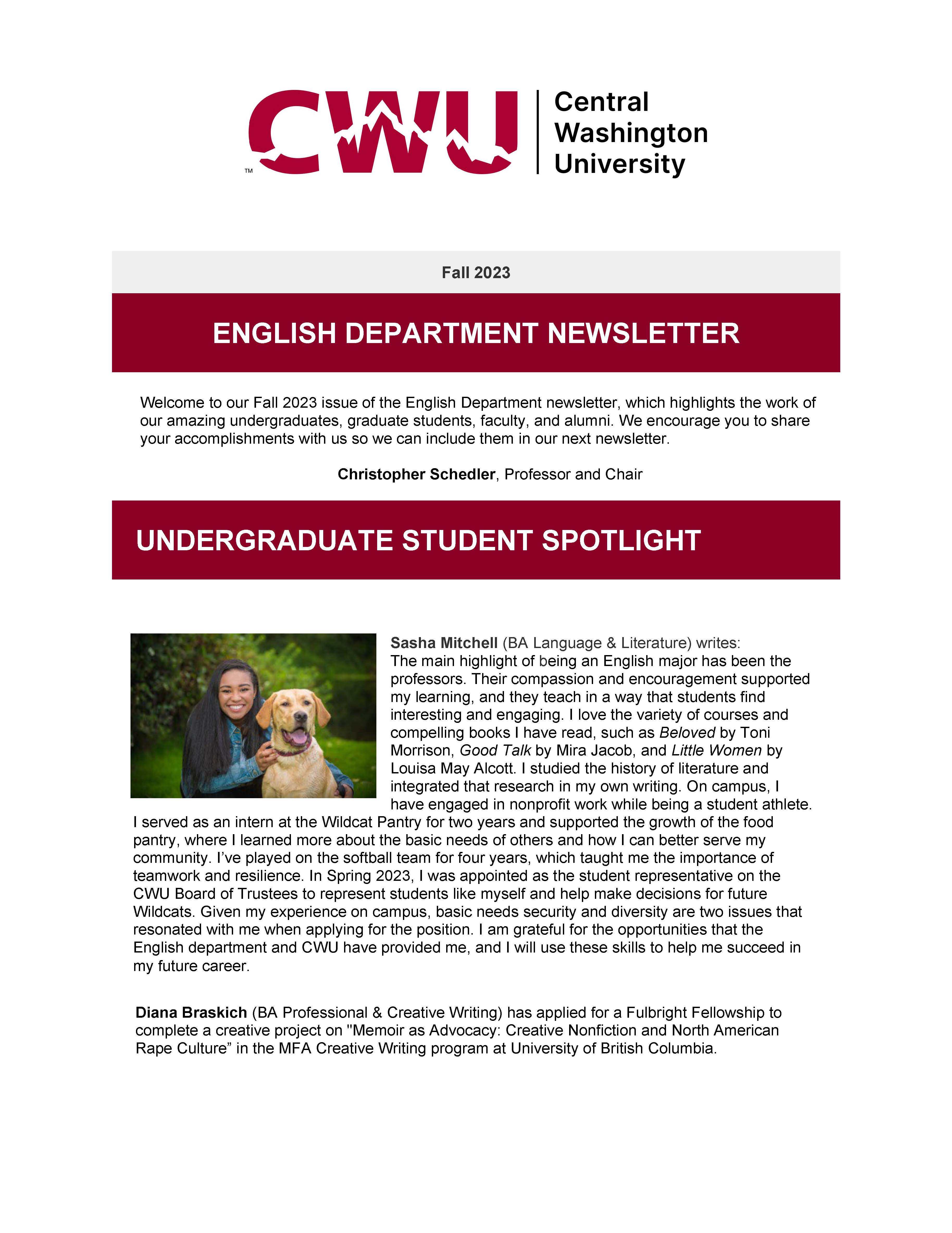 First page of English Newsletter Fall 2023