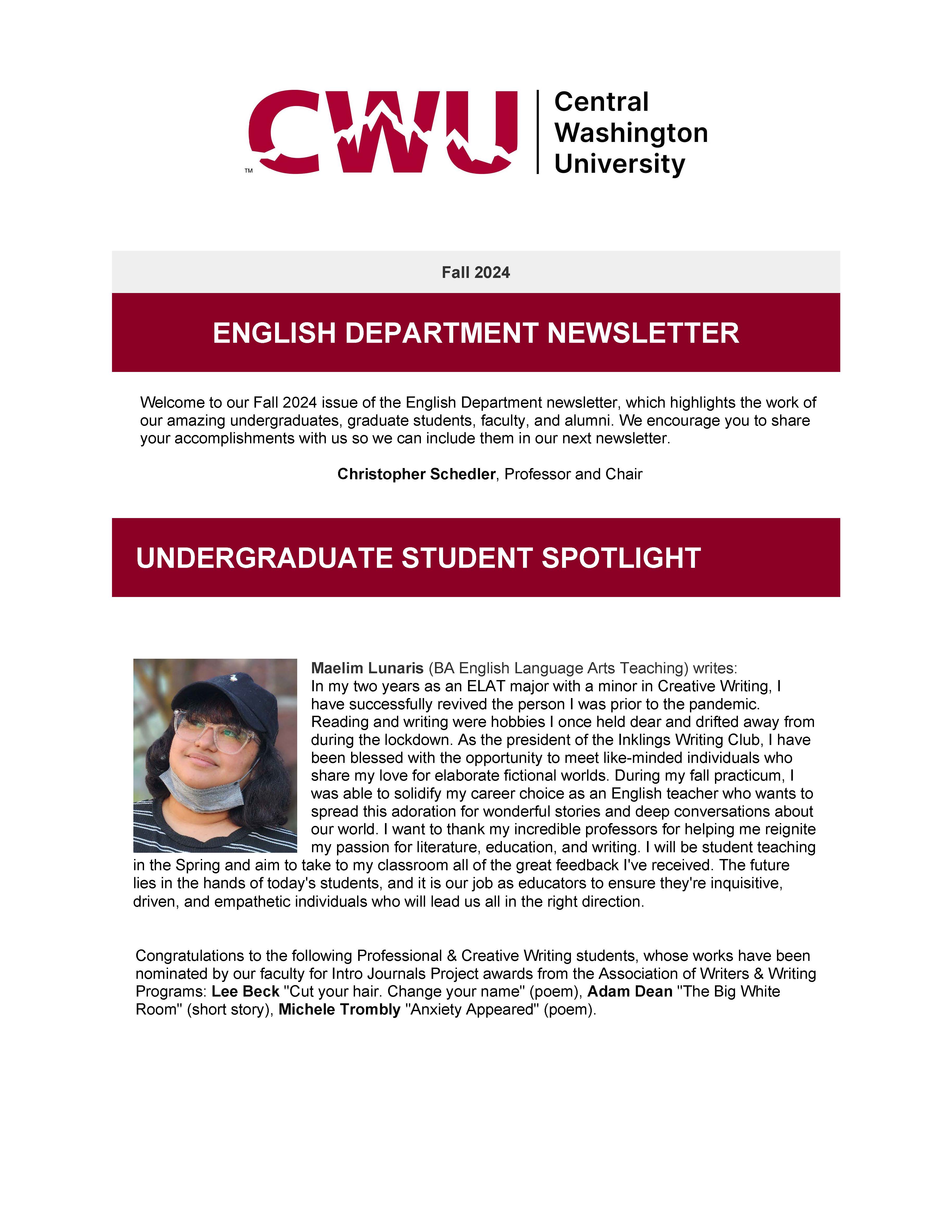 First page of Fall 2024 English Newsletter