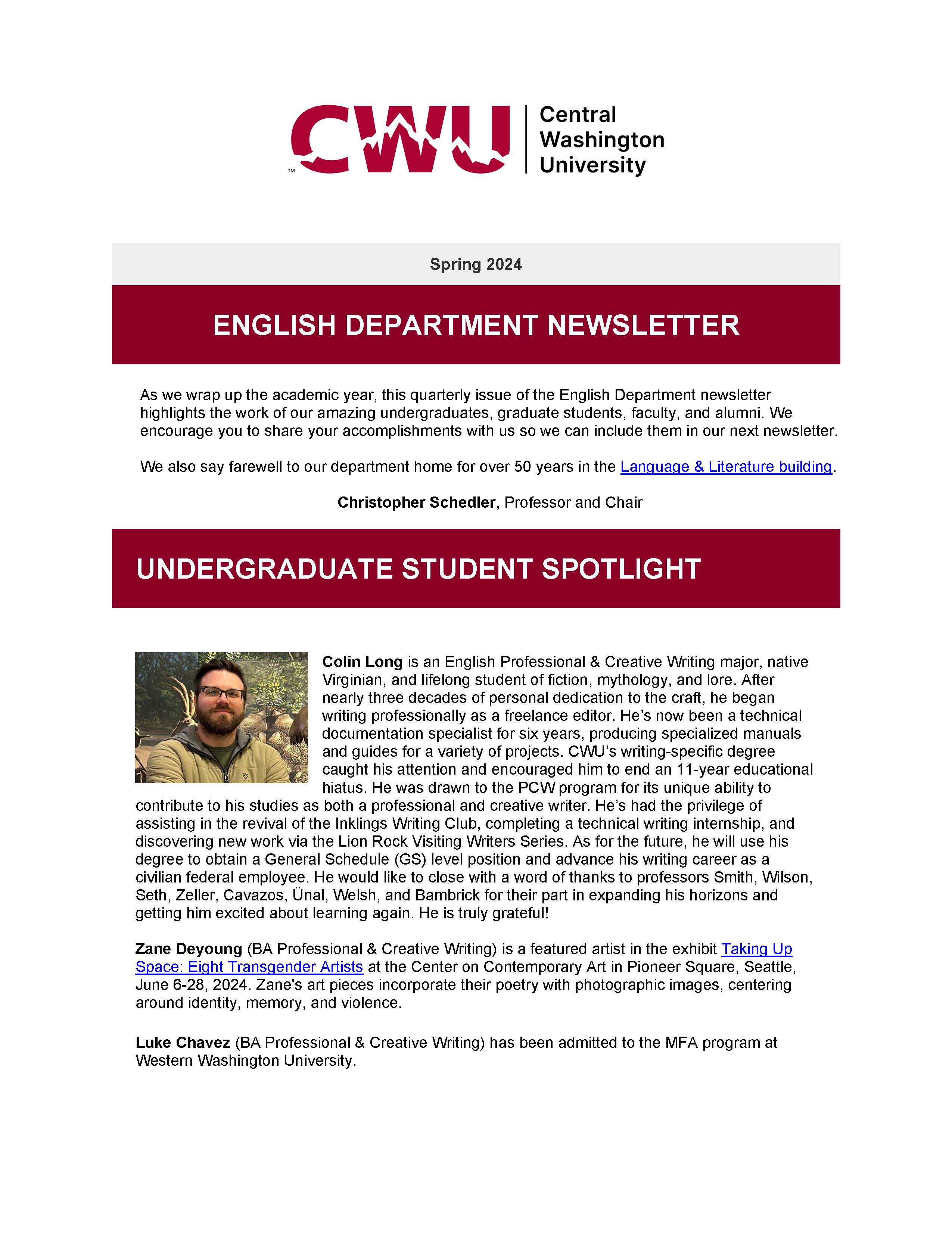 First page of English Newsletter Spring 2024