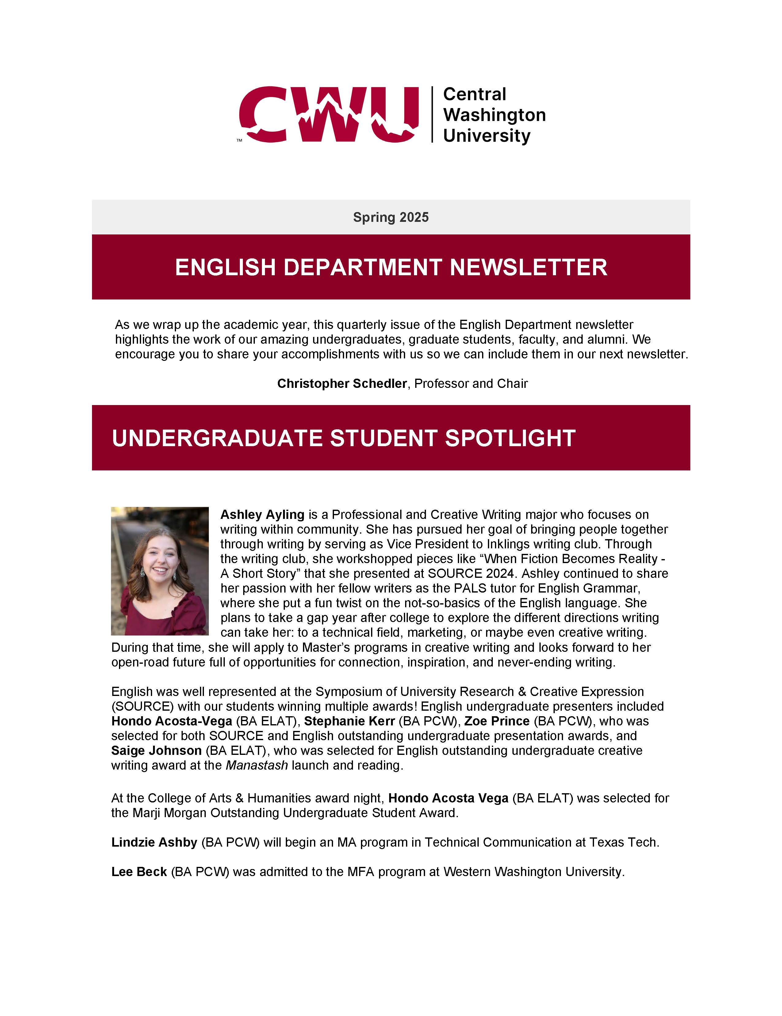 First page of English Newsletter for Spring 2025