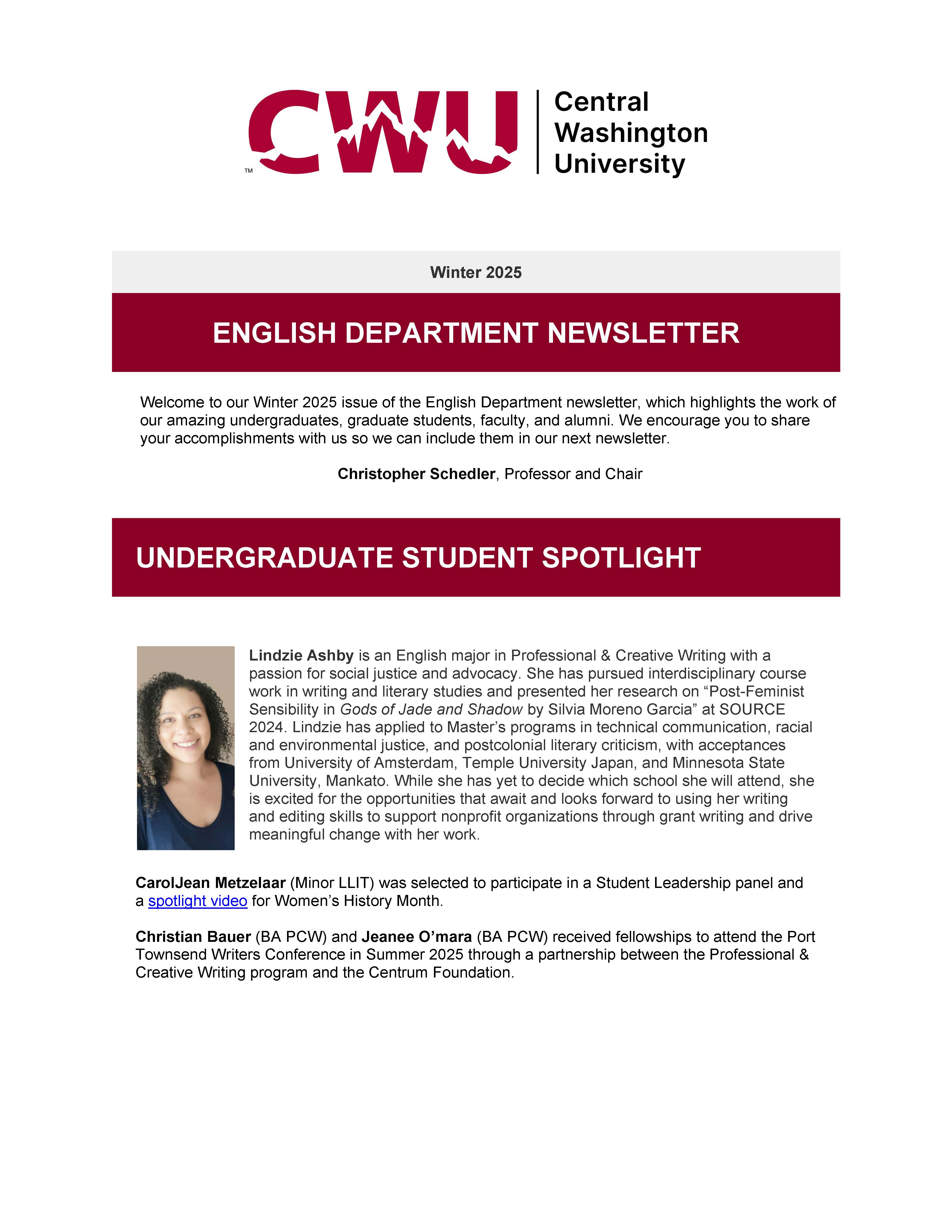 Front page of English Newsletter Winter 2025