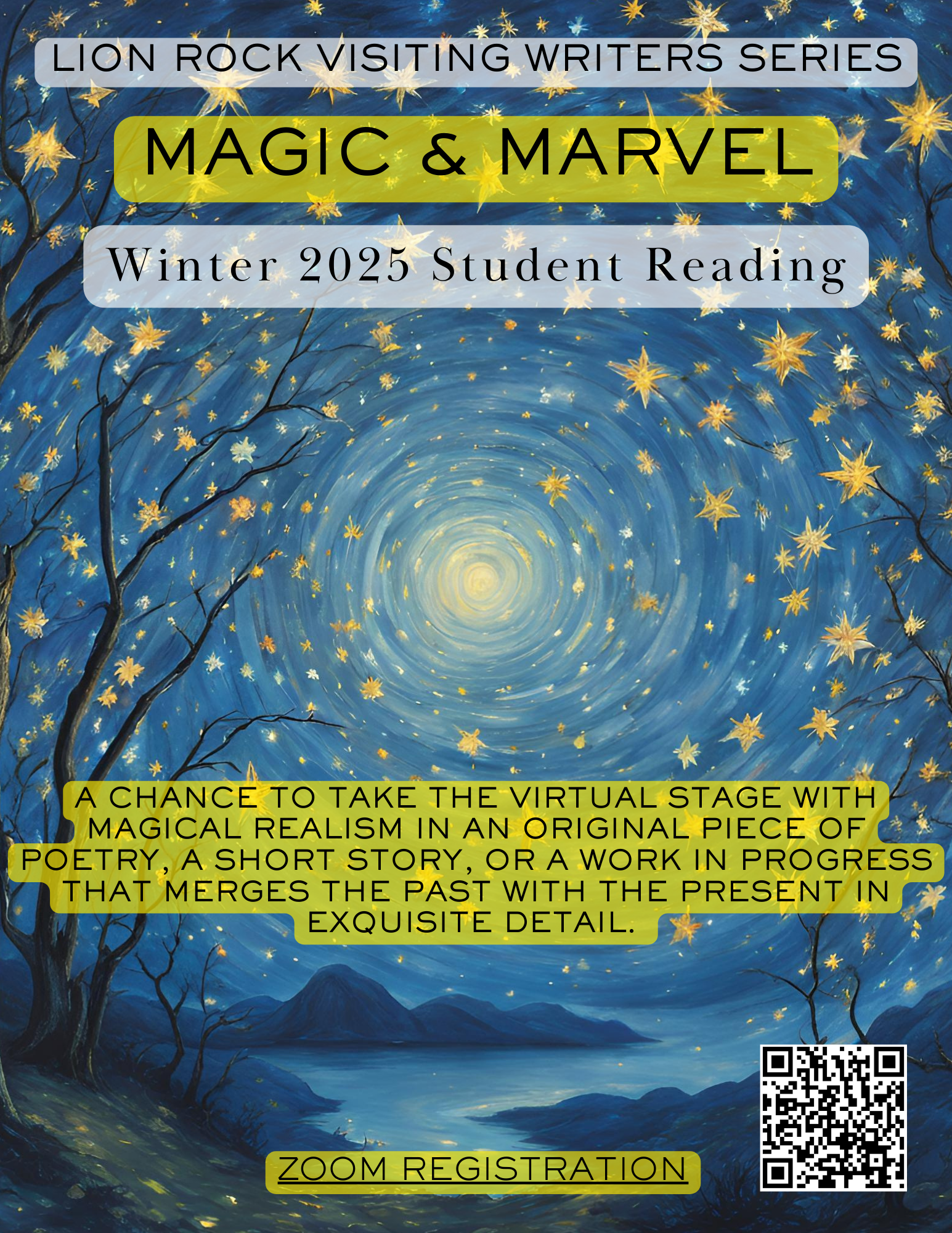 Poster promoting the Winter Student Reading Magic & Marvel 