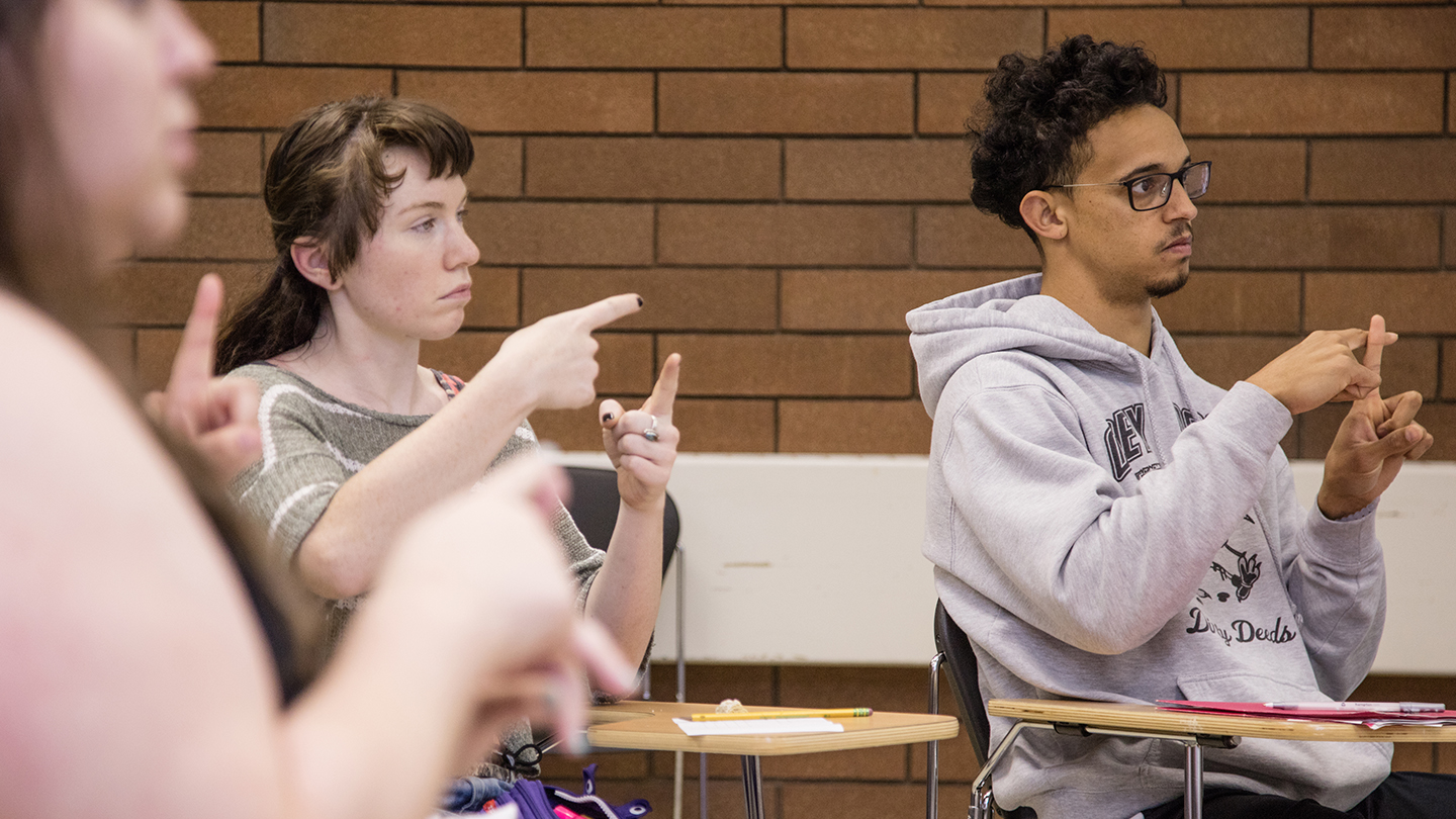 Students in class practicing signing