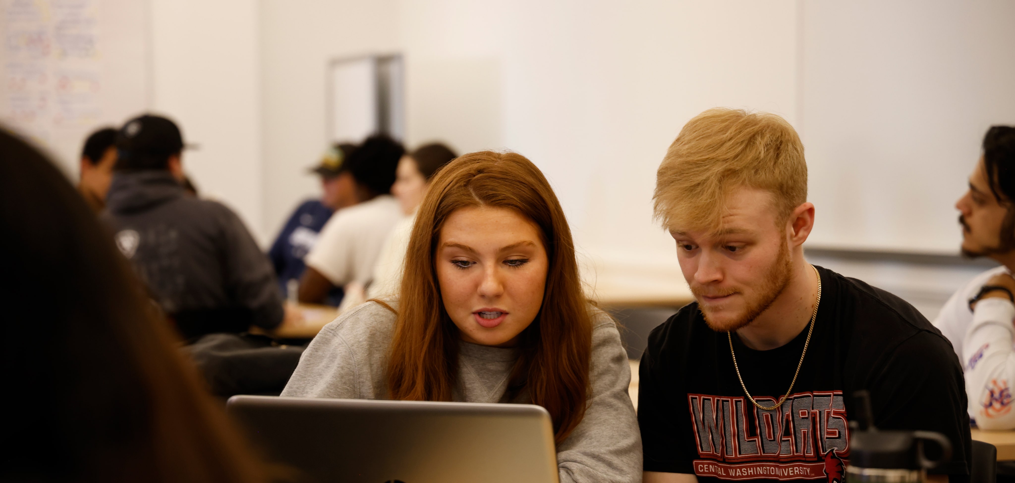 Two students working on a project together looking at a laptop. 