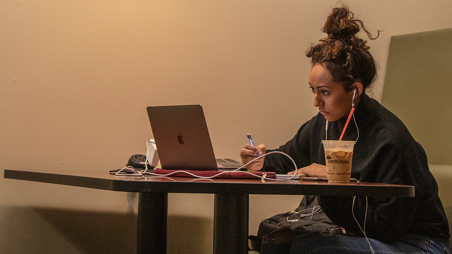 Student with a coffee working on some homework.
