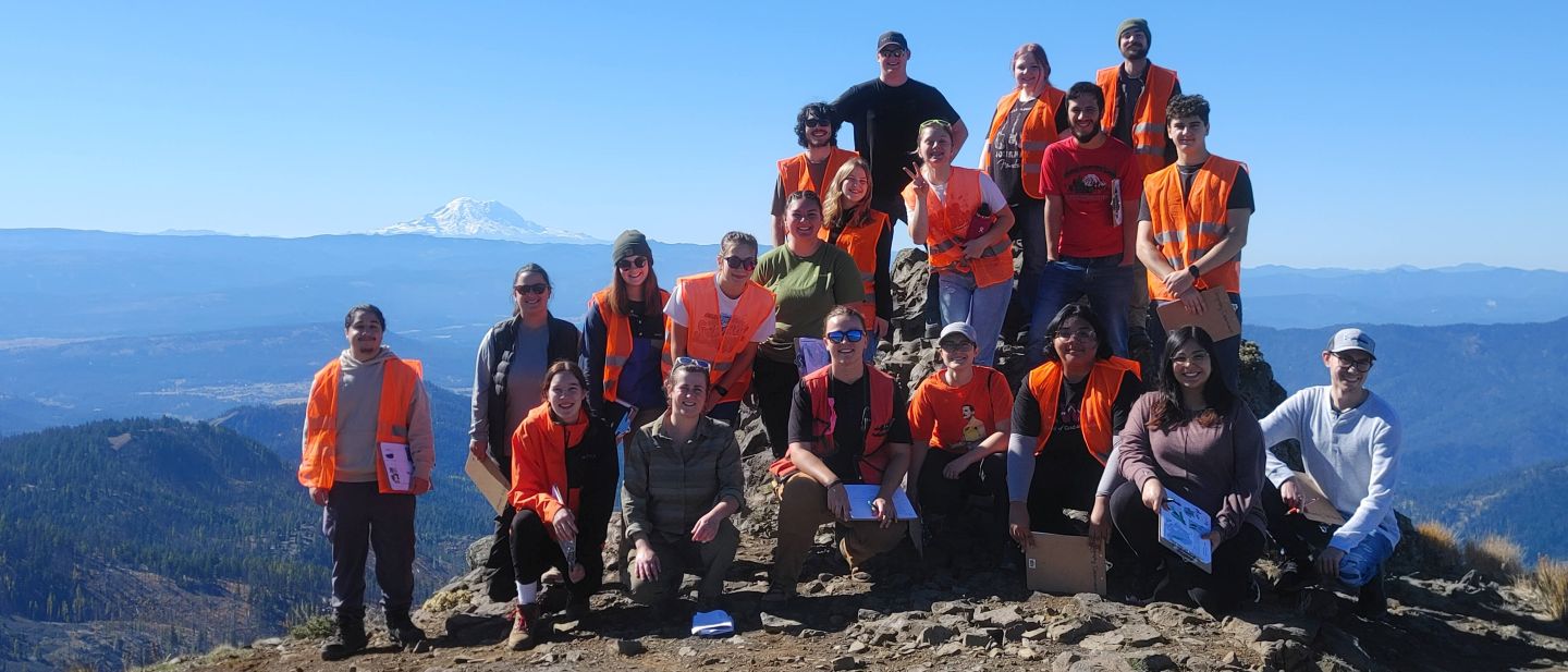 Geography students on top of a mountain