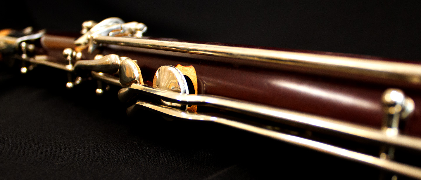 Closeup image of a woodwind instrument.