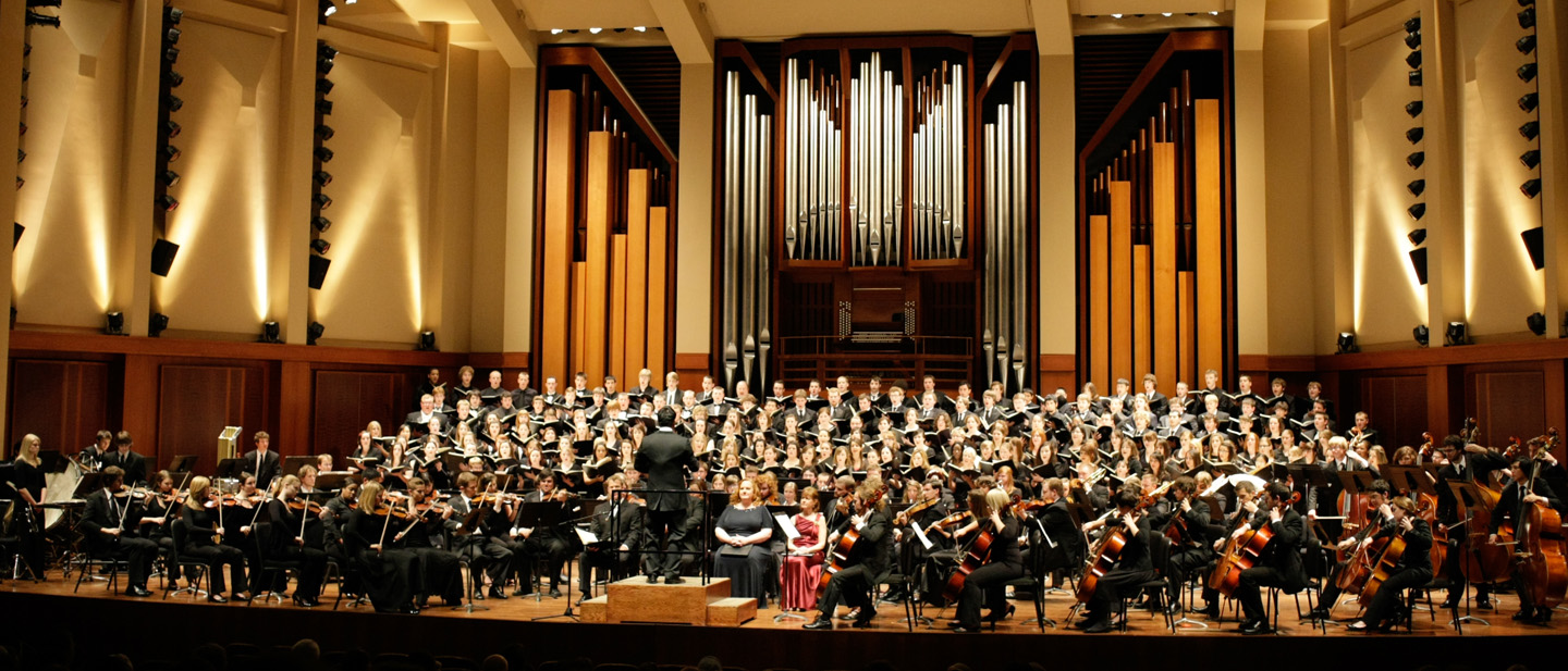 Combined choirs and Symphony orchestra performing Carmina Burana at Benaroya Hall in Seattle.