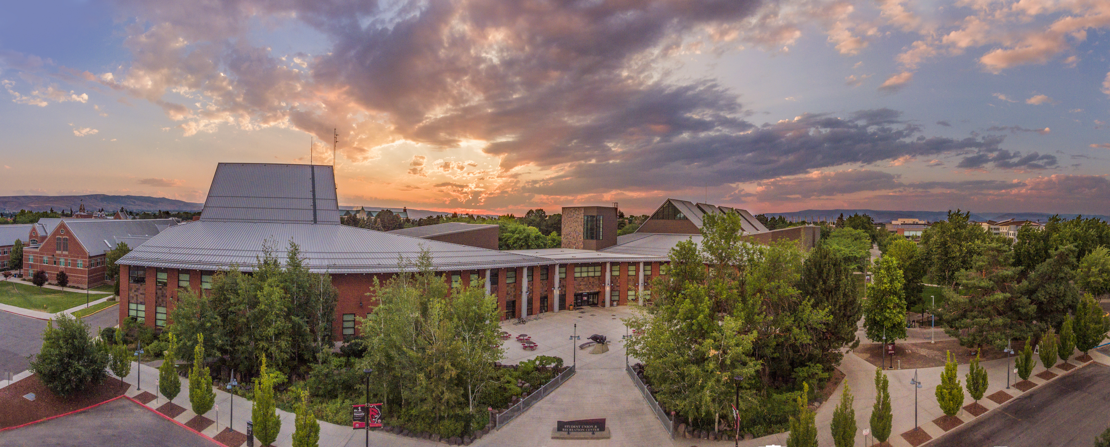Aerial view of the Student Union and Recreation Center building.