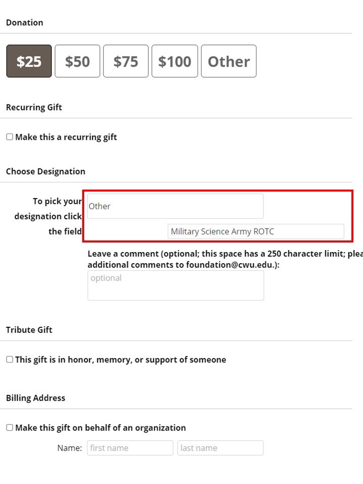 Choose donation amount, Choose your designation, Select if gift is Tribute, and Fill out any extra personal information necessary