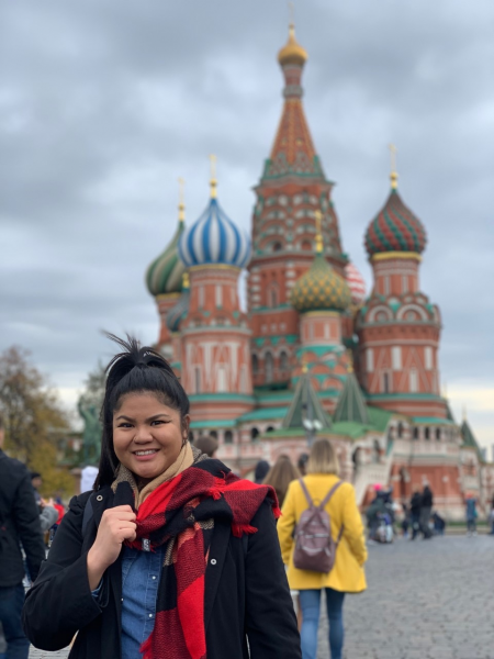 Student posing outside of Saint Basil's Cathedral in Moscow