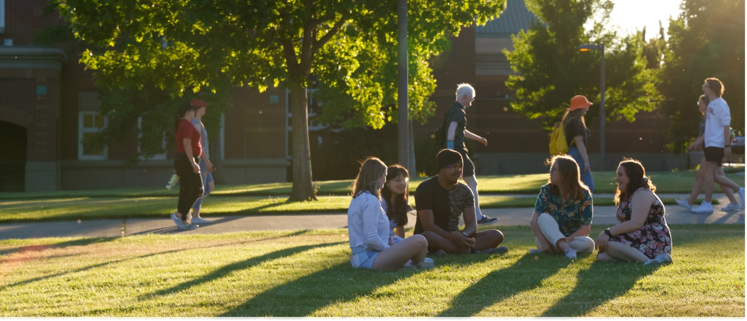 Students sitting on the campus lawn helping each other and chatting