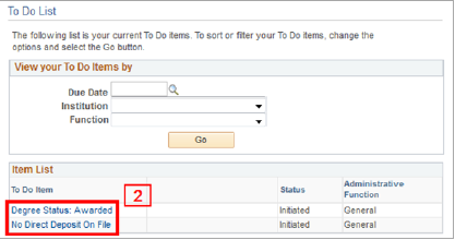 To Do list in myCWU. Under the list contains two items for degree status and direct deposit.
