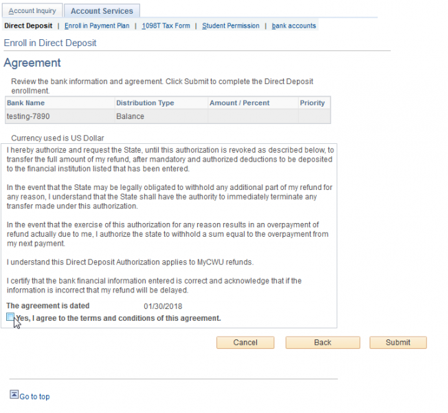 The agreement page. The screen asks the user to review the bank information and agreement and then click the "Submit" button which is at the bottom of the page.