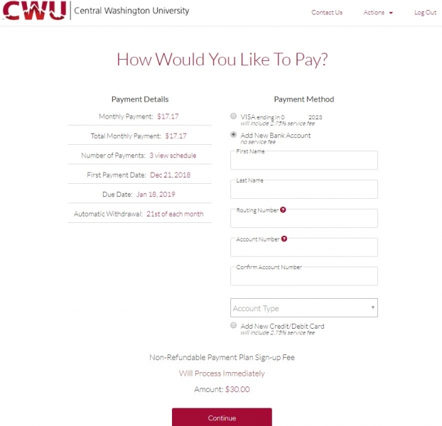"Add a New Bank Account" is selected and asks for First Name, Last Name, Routing Number, Account Number, Confirm Account Number, and Account Type.
