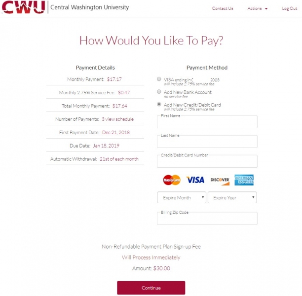 "Add a New Credit/Debit Card will include 2.75% service fee" is selected and asks for First Name, Last Name, Credit/Debit Card Number, Expire Month, Expire Year, and Billing Zip Code.