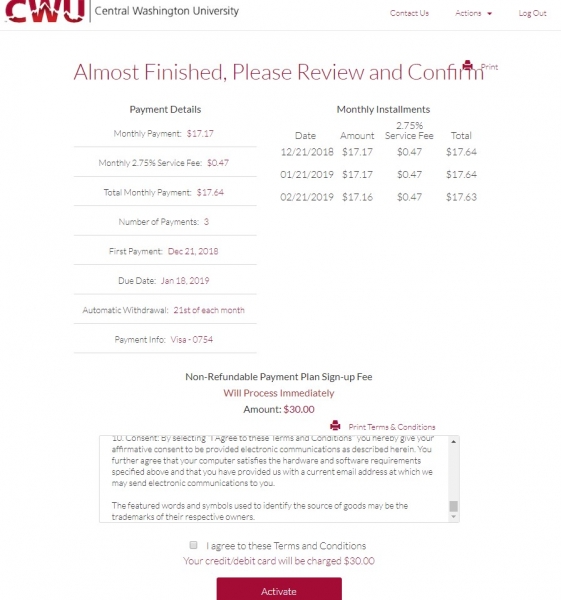 A screen that shows all details of payments and asks the user to review and agree to the Terms and Conditions.