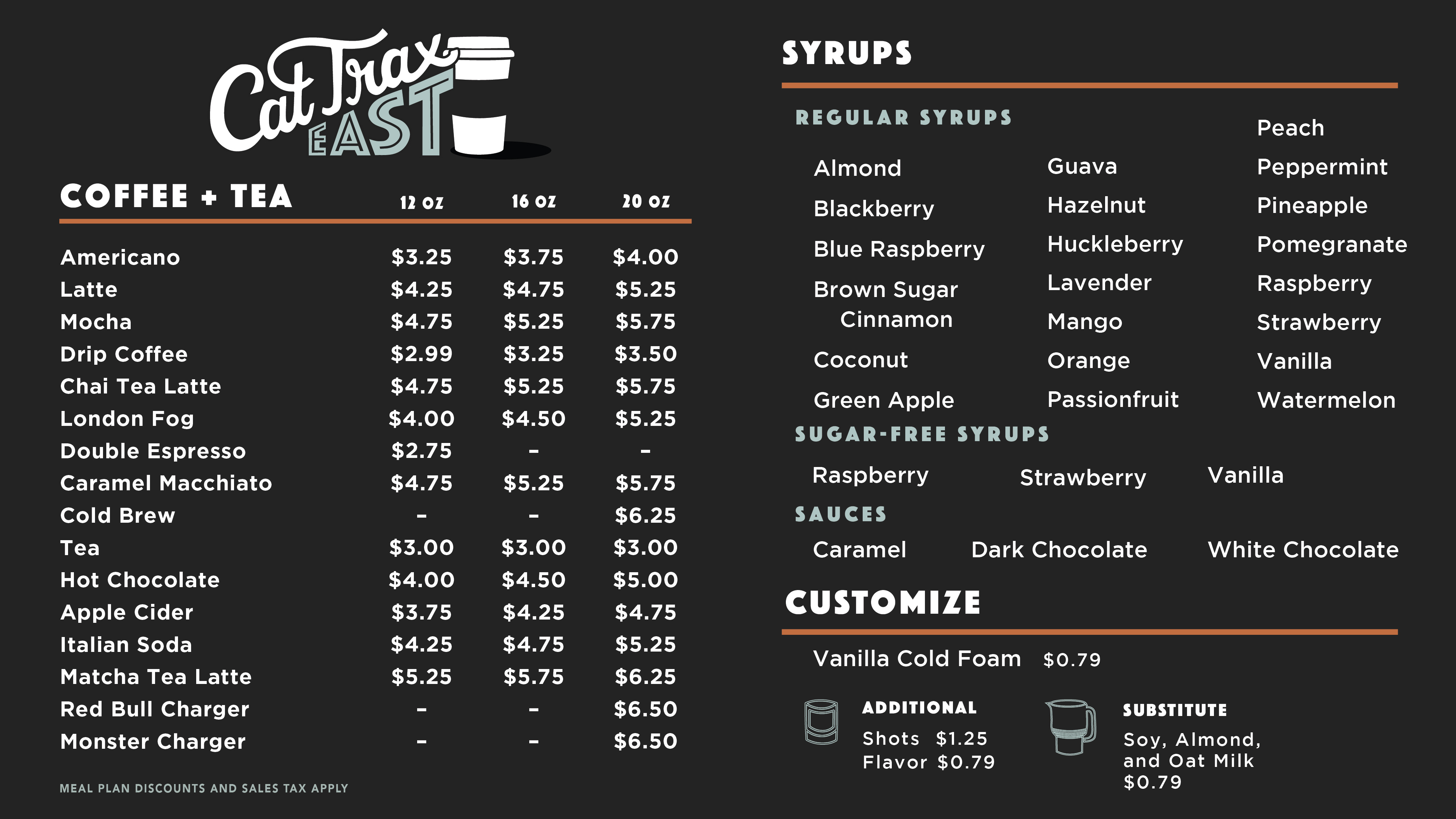 The Menu board for cat trax east