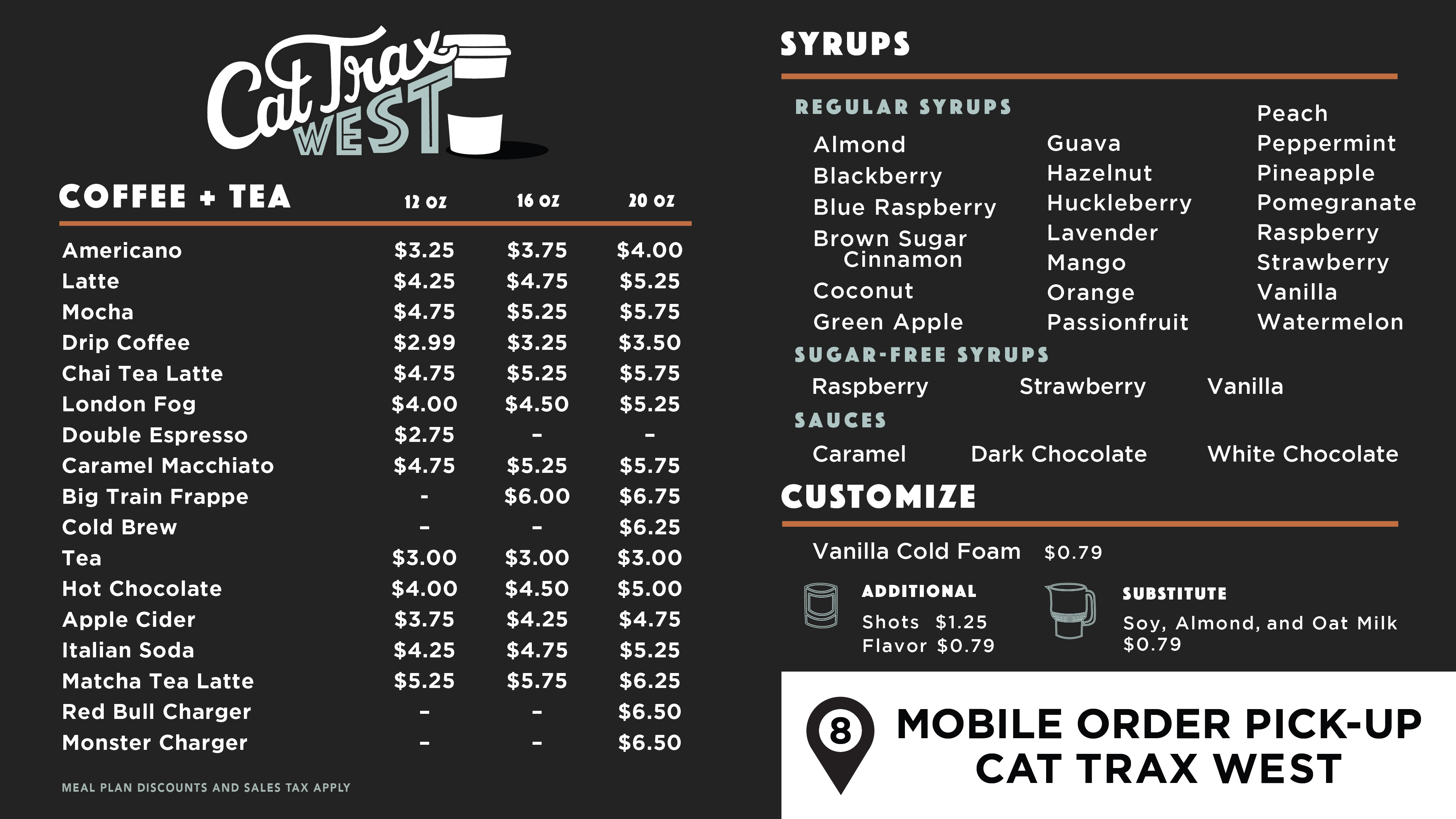 The menu board for Cat Trax West Café 