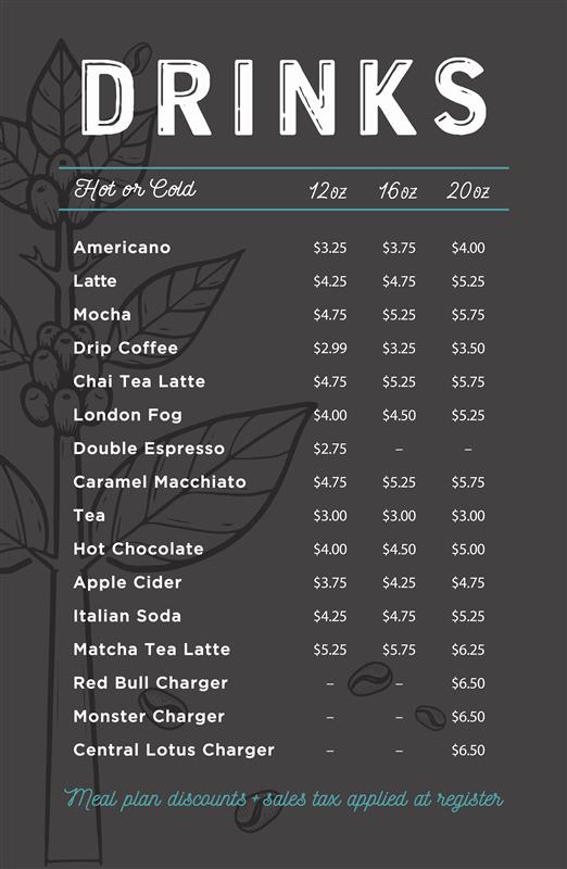 Breeze Thru Café drinks menu board