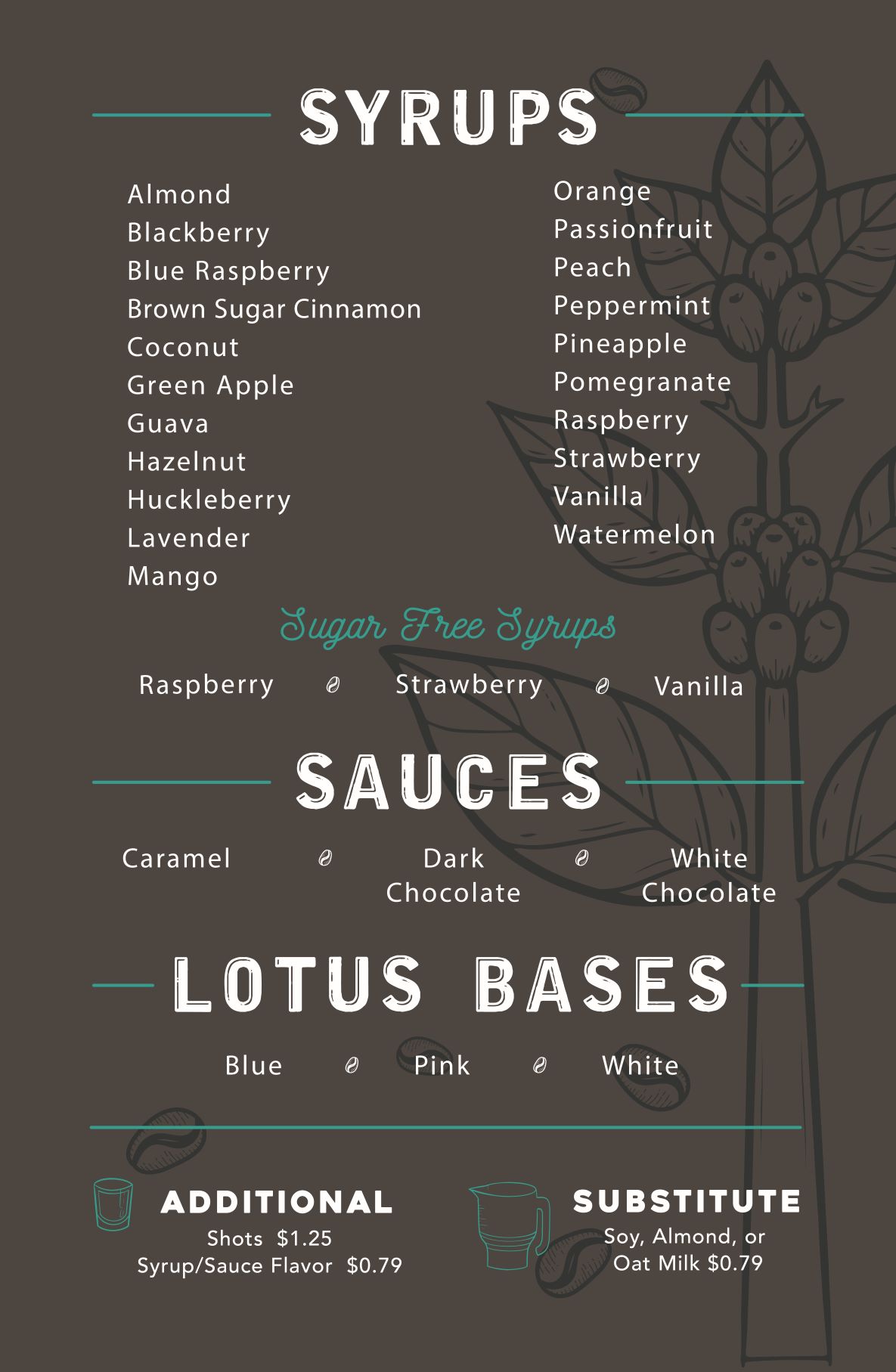 Breeze Thru Café syrups menu board