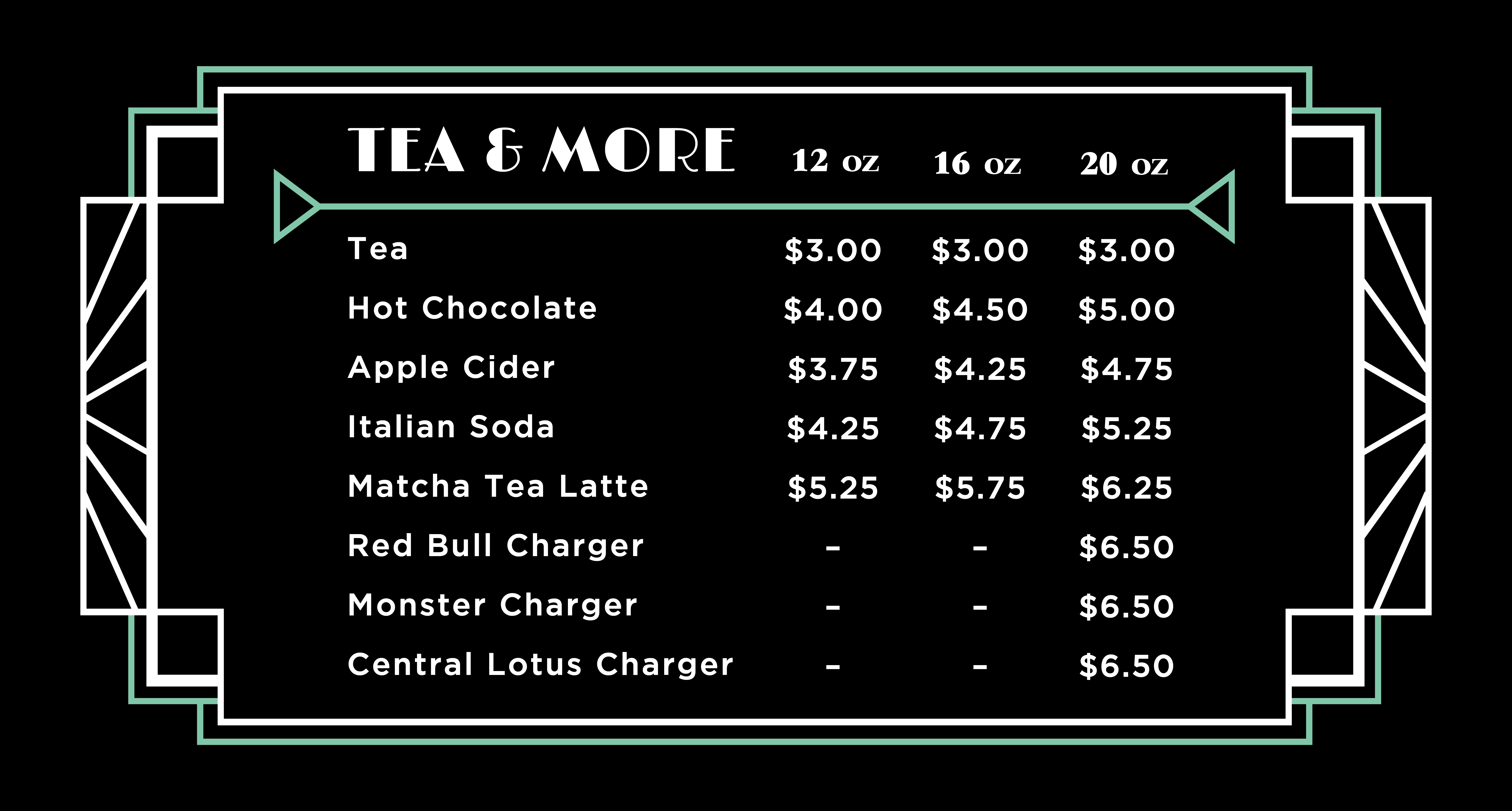  The tea and more menu board at coach's coffee house