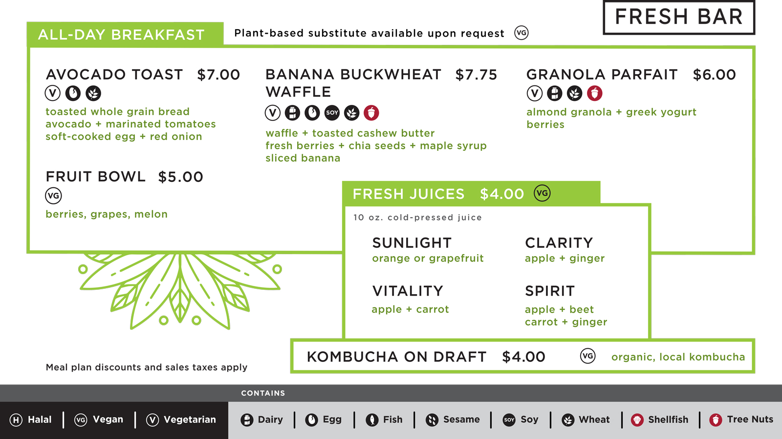 The all day breakfast menu board for Fresh bar