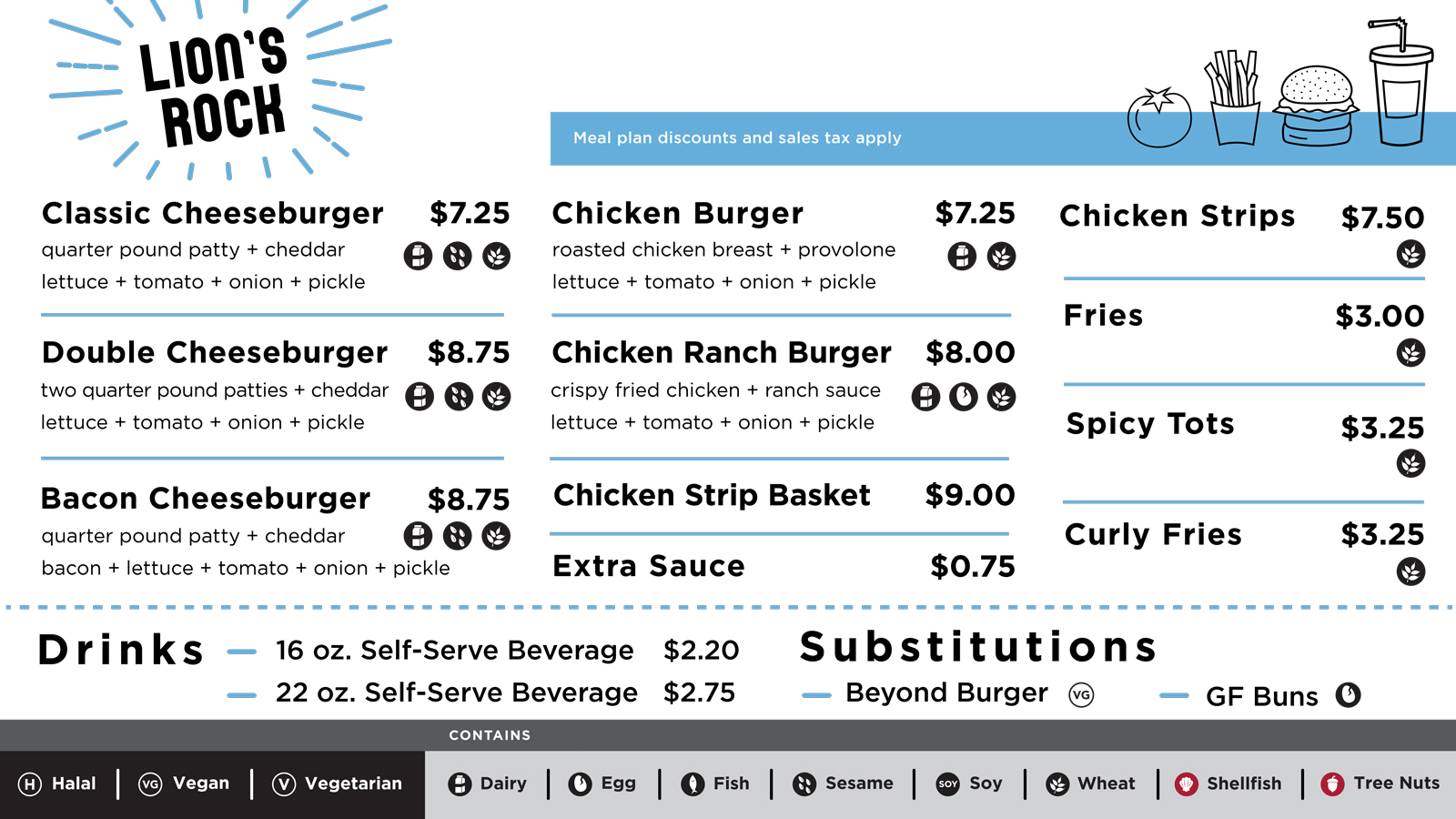 The lunch and dinner menu board for Lions Rock