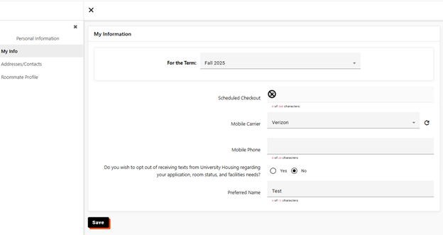 Webpage showing text message options under "Personal Information: My Info" section