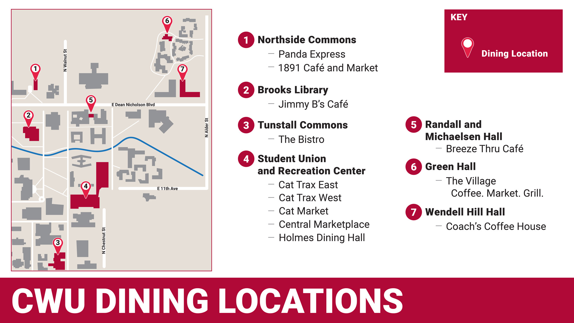 A map of CWU Dining. It focuses on the SURC which is where Central Marketplace and Holme Dining Room is. The SURC is near Black hall. At Central Marketplace you can get Fresh Bar, El Gato, Lion's Rock, and Pizza, Pasta, & Panini. At Holmes dining you can get Sesame Ginger, Comfort Kitchen, or Eggs & CO.